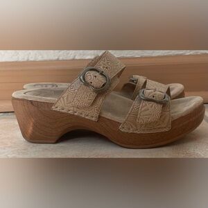 Dansko Sophie leather clog sandals, tan, two straps with buckle; size 37